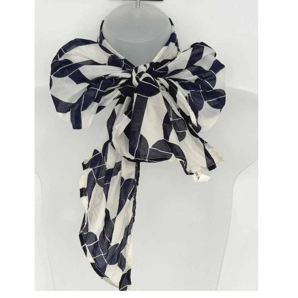 Navy Blue White Geometric Chain Link Cotton Scarf Lightweight Coastal Chic 92-20